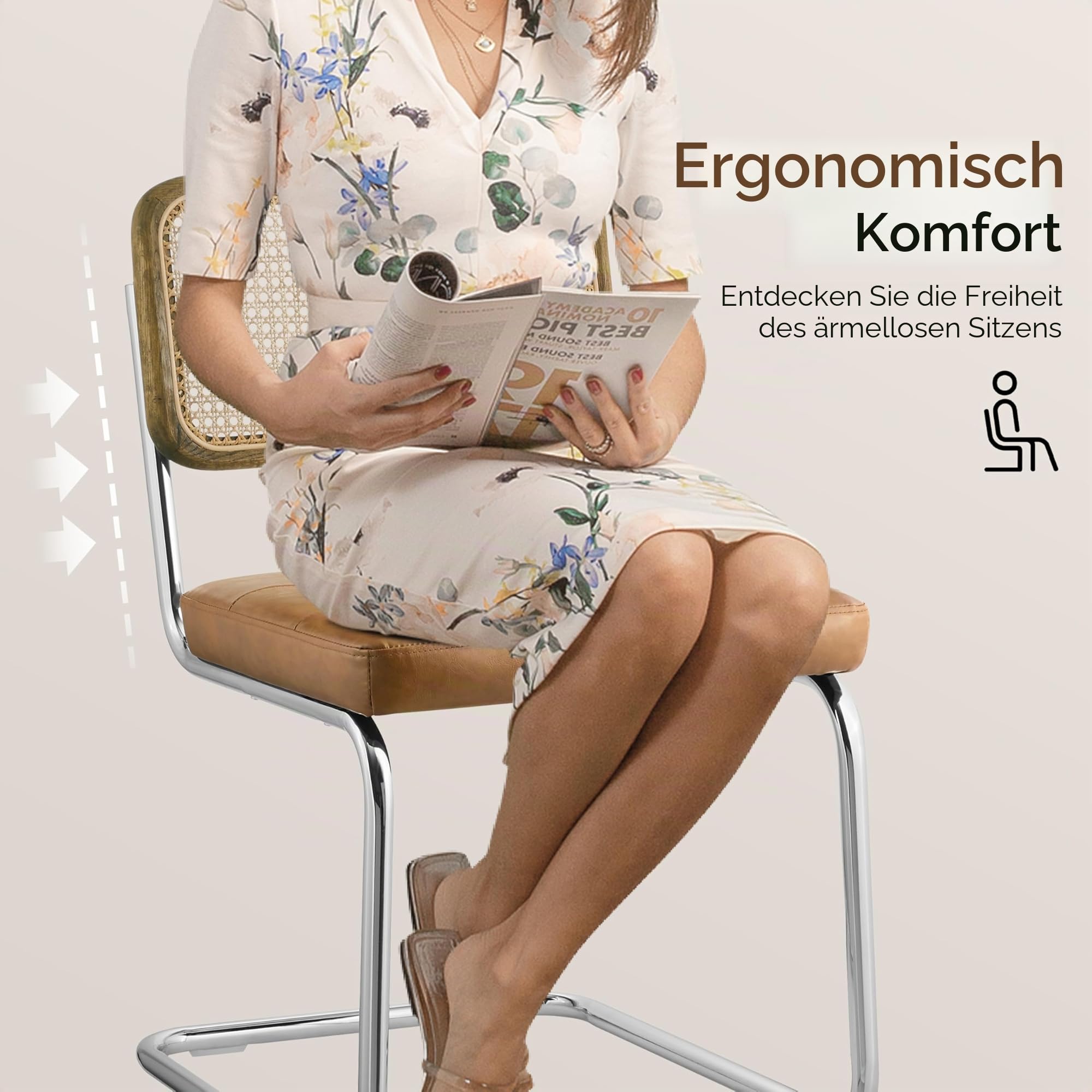 Zouron Stühle 4er Set Schwingstuhl mit echt Eichenholz - Wiener Geflecht Küchenstühle, Gelbbraun Rattan Stuhl Freischwinger Stühle, Kunstledersitz Metallgestell Esszimmerstühle Rocking Chairs