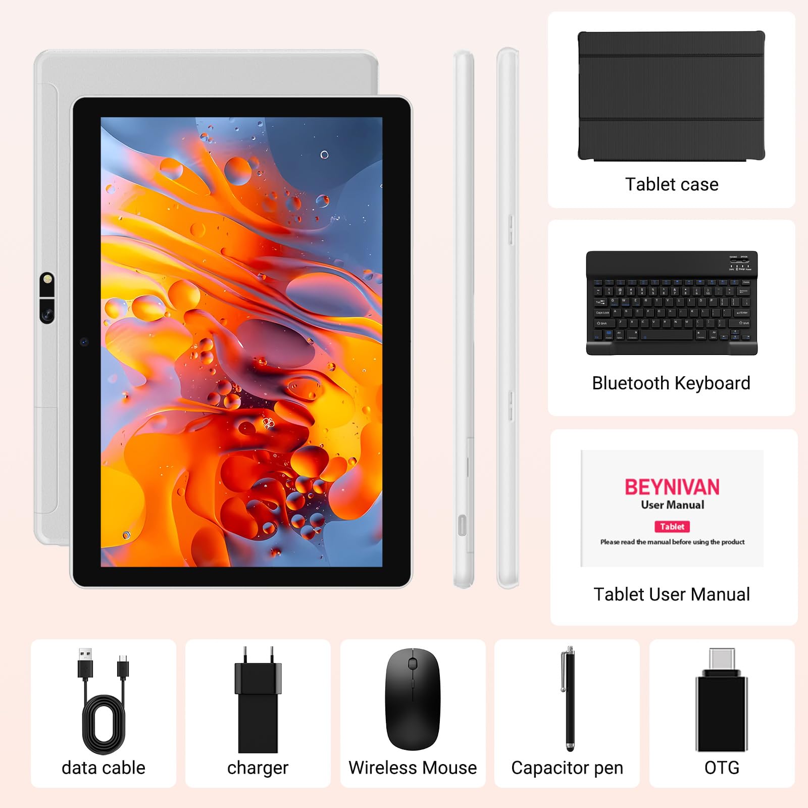 Tableta 10 Pulgadas Android 15 Tablet 5G WiFi,36GB RAM+128GB ROM/8000 mAh/BT 5.0/TÜV/USB-C,Tablet con Teclado+ Ratón + Funda,Gris