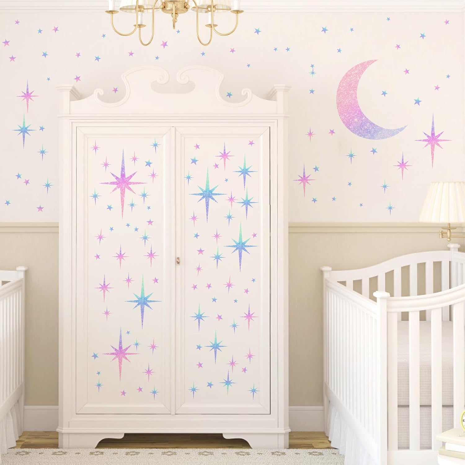 Retro Star Wall Decals Sparkle Wall Decal Peel and Stick Rainbow Star Moon Stickers Starburst Walls Decor for Kids Room Colorful Stars Art Murals Wallpaper for Ceiling Baby Bedroom Nursery Decor