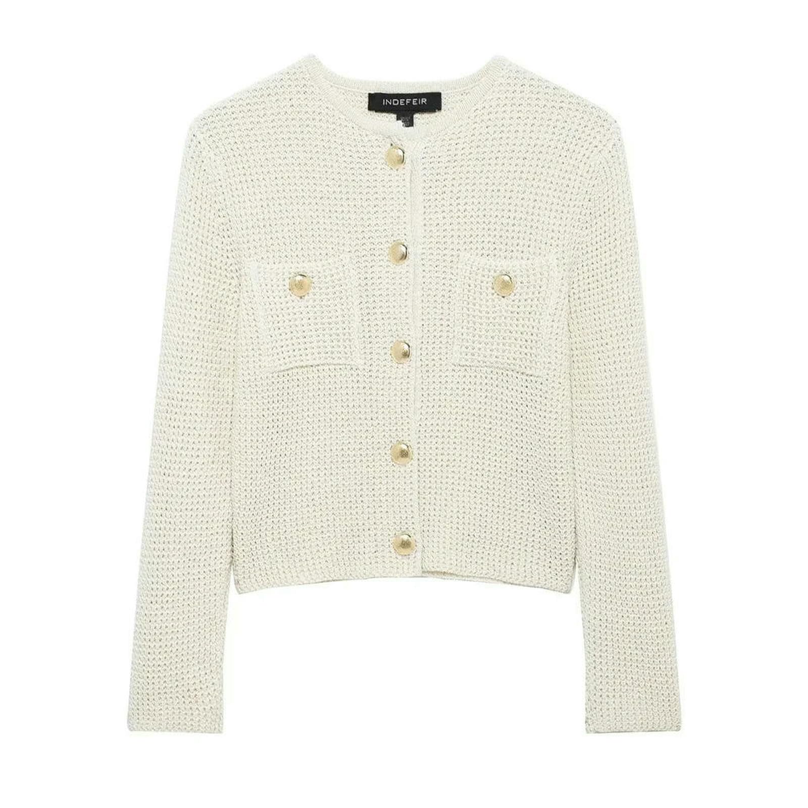 Pullover & Strickjacken für Damen Elegante Cremefarbene Damen-Strickjacke Mit Langen Ärmeln, Goldknopf-Design, Vordertaschen, Schicker, Stilvoller Look-Elfenbein-m