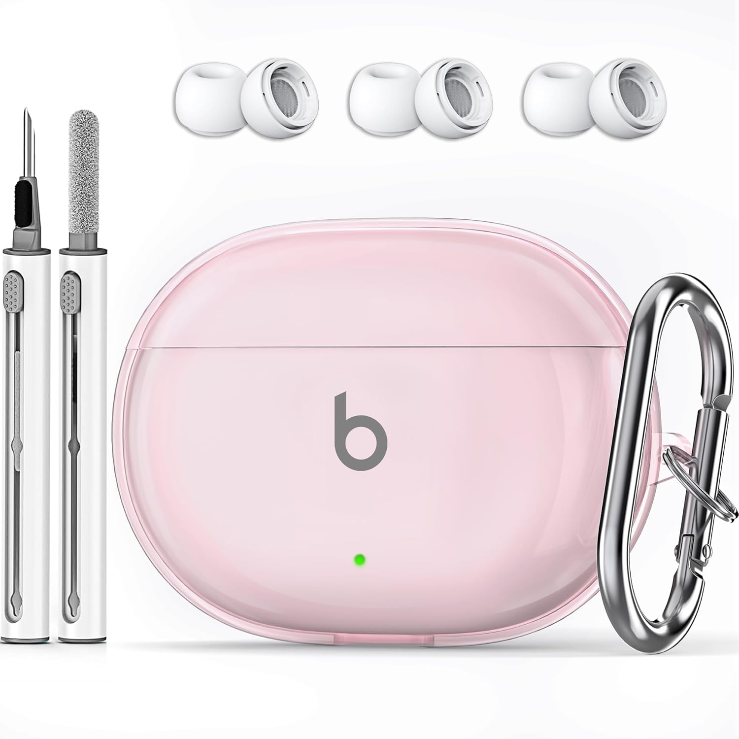 Beats Studio Buds Case Cover, Studio Buds Plus Case Cover Clear 2021/2023with Key Fob and Earbud Cleaning Kit, Earbuds Full Protective Soft TPU Case Compatible with Beat Studio Bud Plus, Clear Pink