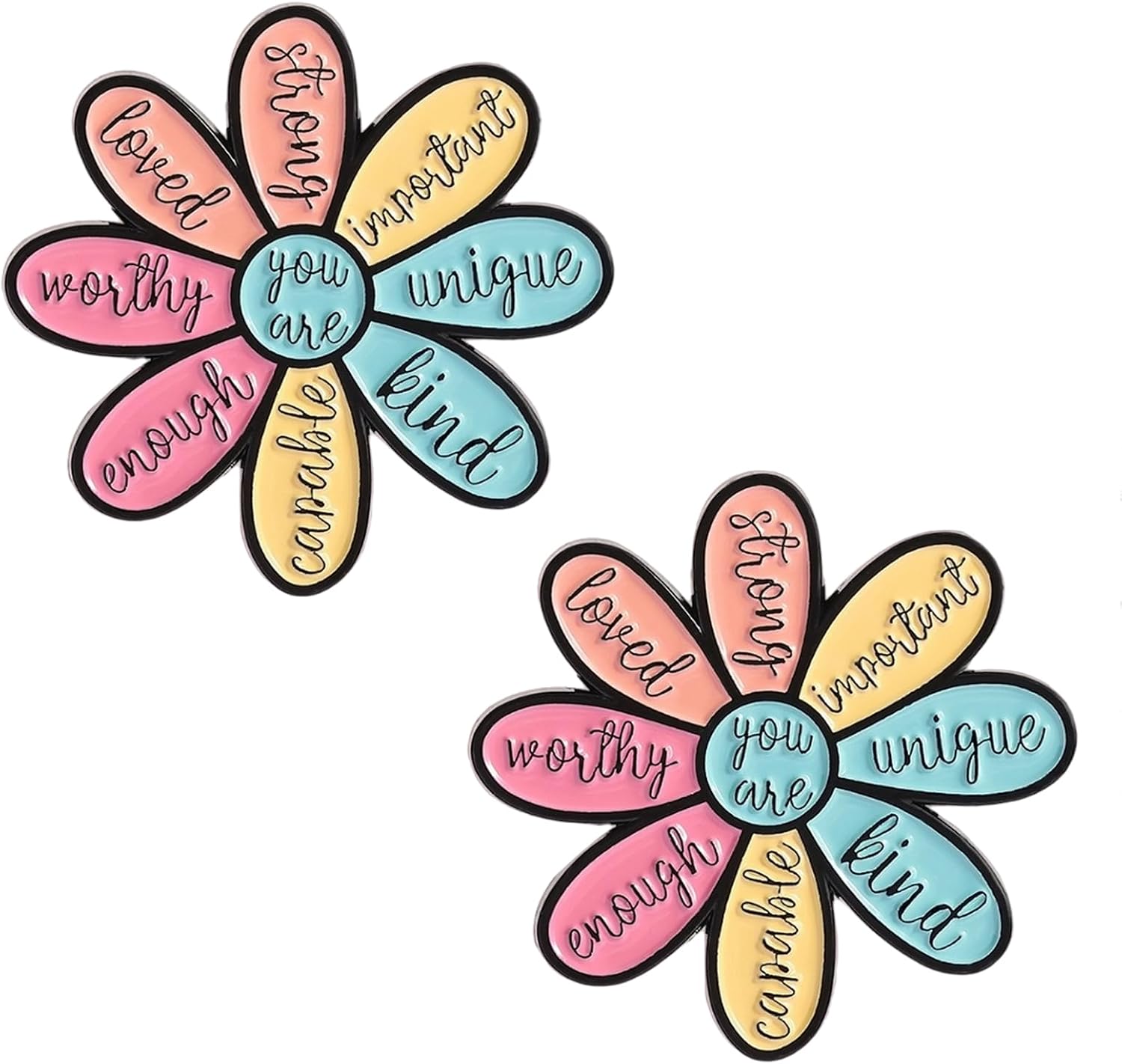 2Pcs Motivational Flower Enamel Brooch Pins with Uplifting Words