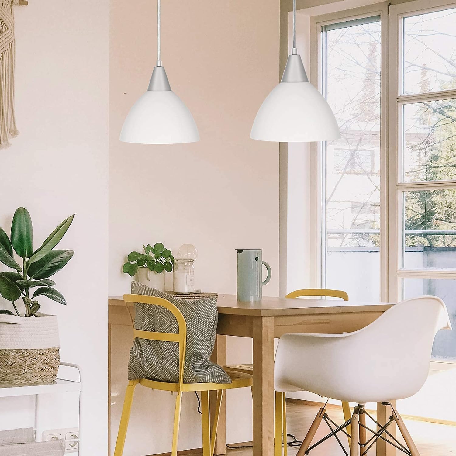 Diagram showing the dimensions of the DEWENWILS Plug-in Pendant Light, including the 9.05 inch diameter shade, 8.66 inch height, 15 foot cord length, and the on/off switch located 5 feet from the plug.