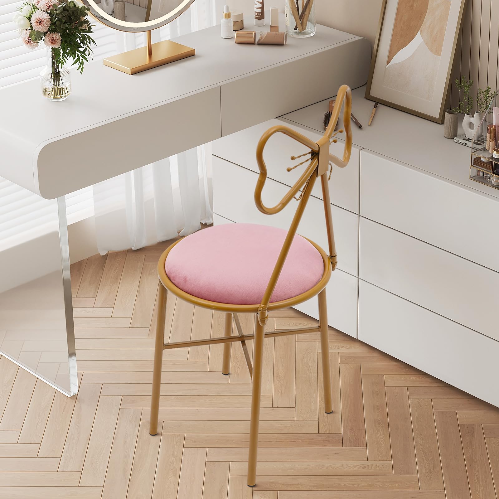 Schminkhocker Samt Rosa, Schminkstuhl mit Schleifen-Rückenlehne, Weich Gepolsterter Sitz & Stabile Metallbeine, Dekorativer Samthocker für Schminktisch, Schlafzimmer & Ankleidezimmer