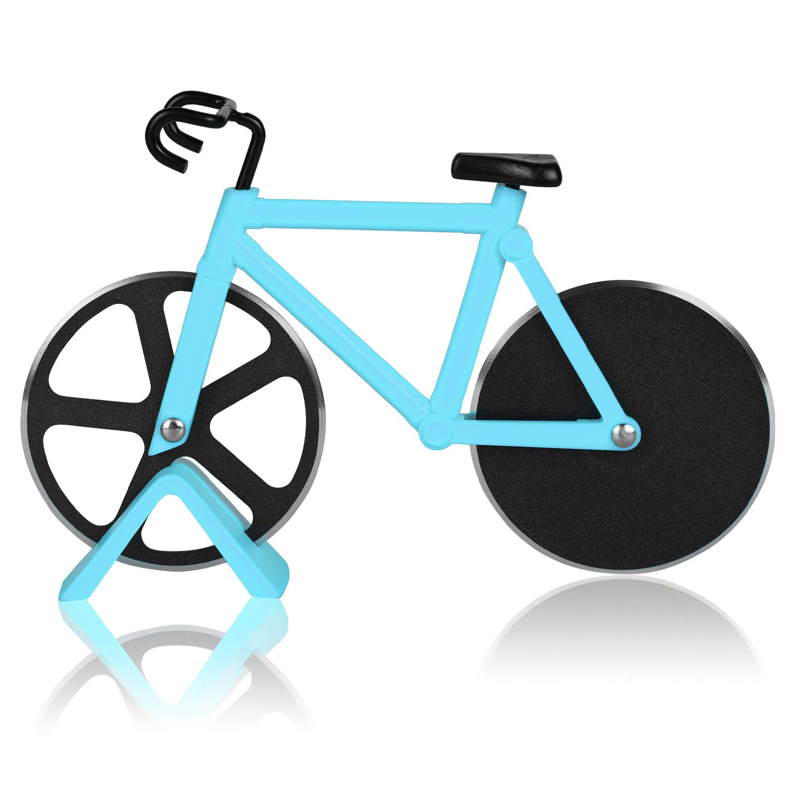 Flintronic Corta Pizza Antiadherente, Ruedas Cortadoras De Pizza De Bicicleta, Cortadora de Pizza para Bicicleta con Soporte, Acero inoxidable Doble, Azul