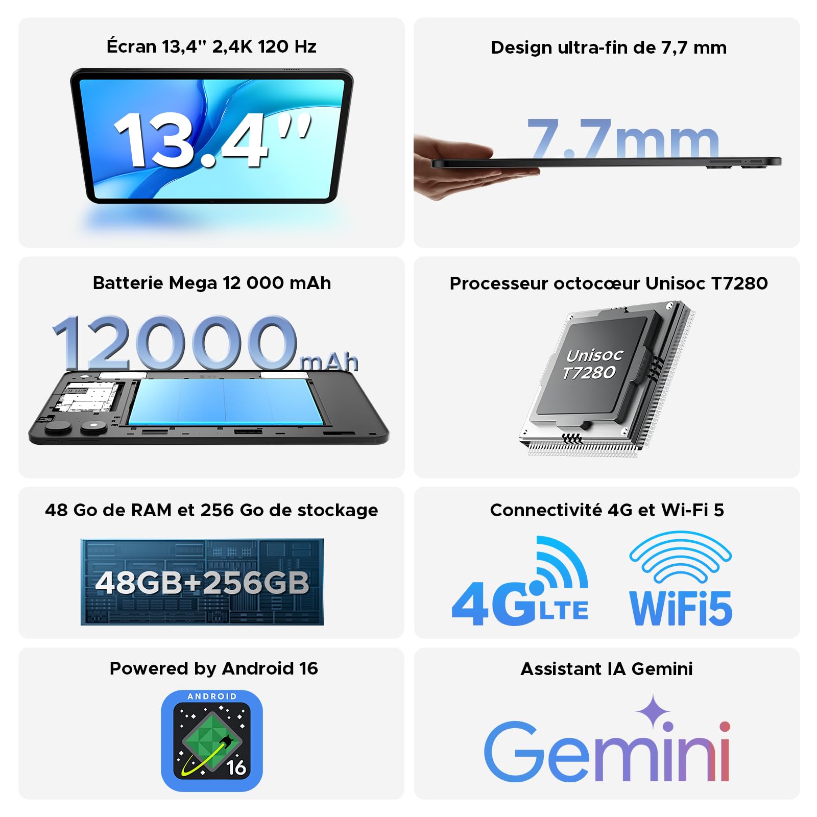 P13Pro Tablette 13,4 Pouces, 4G LTE, 120Hz, 48Go+256Go ROM, 12000mAh, Noir