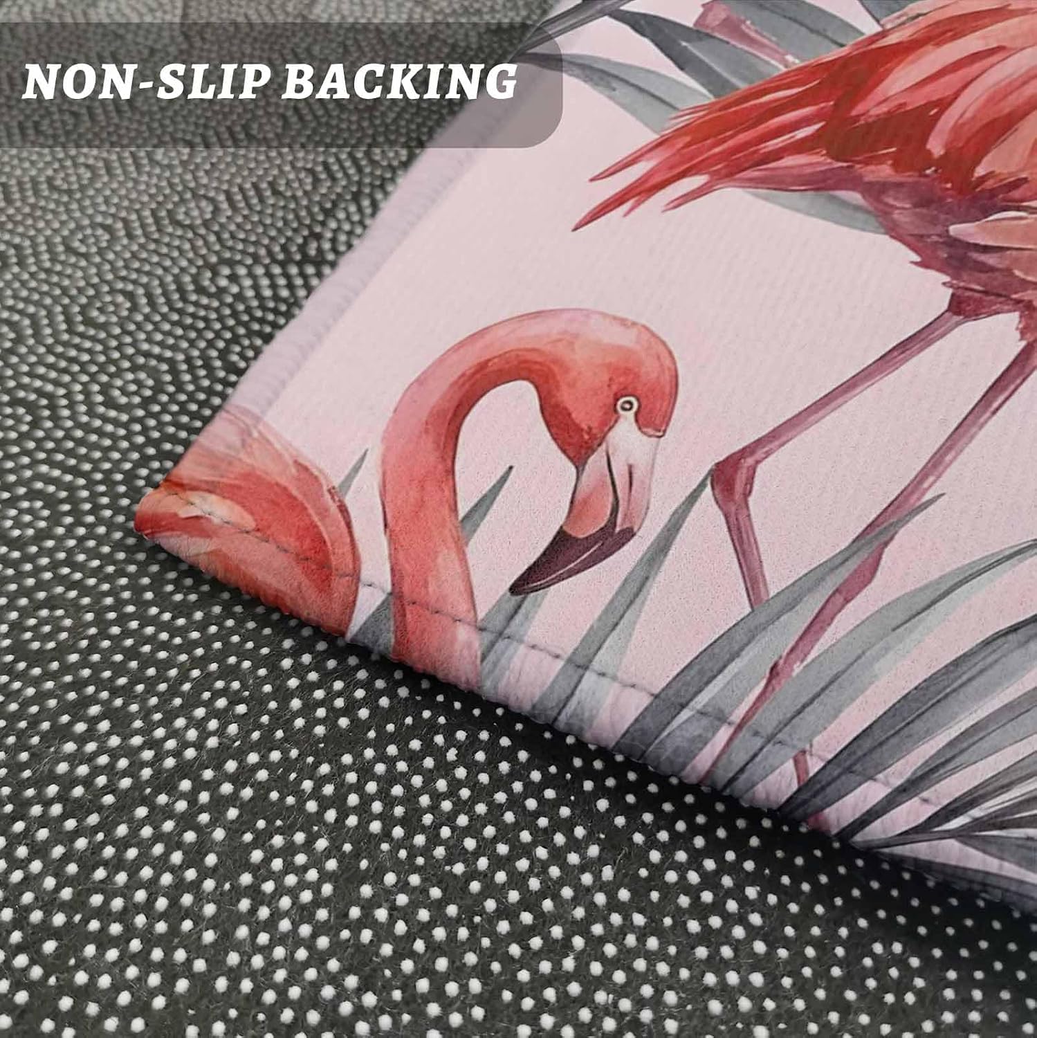 Teamery Kitchen Mats for Floor Tropical Pink Flamingo Palm Leaf Washable Non Slip Kitchen Rugs 1PCS, Summer Animal Plant Absorbent Standing Mats for Sink Bathroom Office Living Room 23.6x70.9in