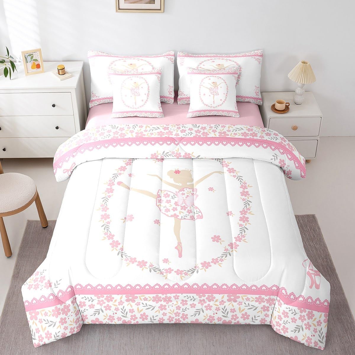Feelyou Ballet Girls Bedding Set Botanical Floral Comforter Set Queen Size 7 Pieces Ballerina Decor Bed in a Bag Bed Set with Comforter, Sheet Set, Pillowcases, Pillow Covers Trendy Pink White Bedroom