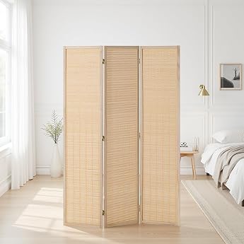Homestyle4u Paravent 3-teilig aus Holz & Bambus 120x170 cm Freistehender Raumteiler mit Lamellen-Design   klappbar vormontiert Natur-Optik