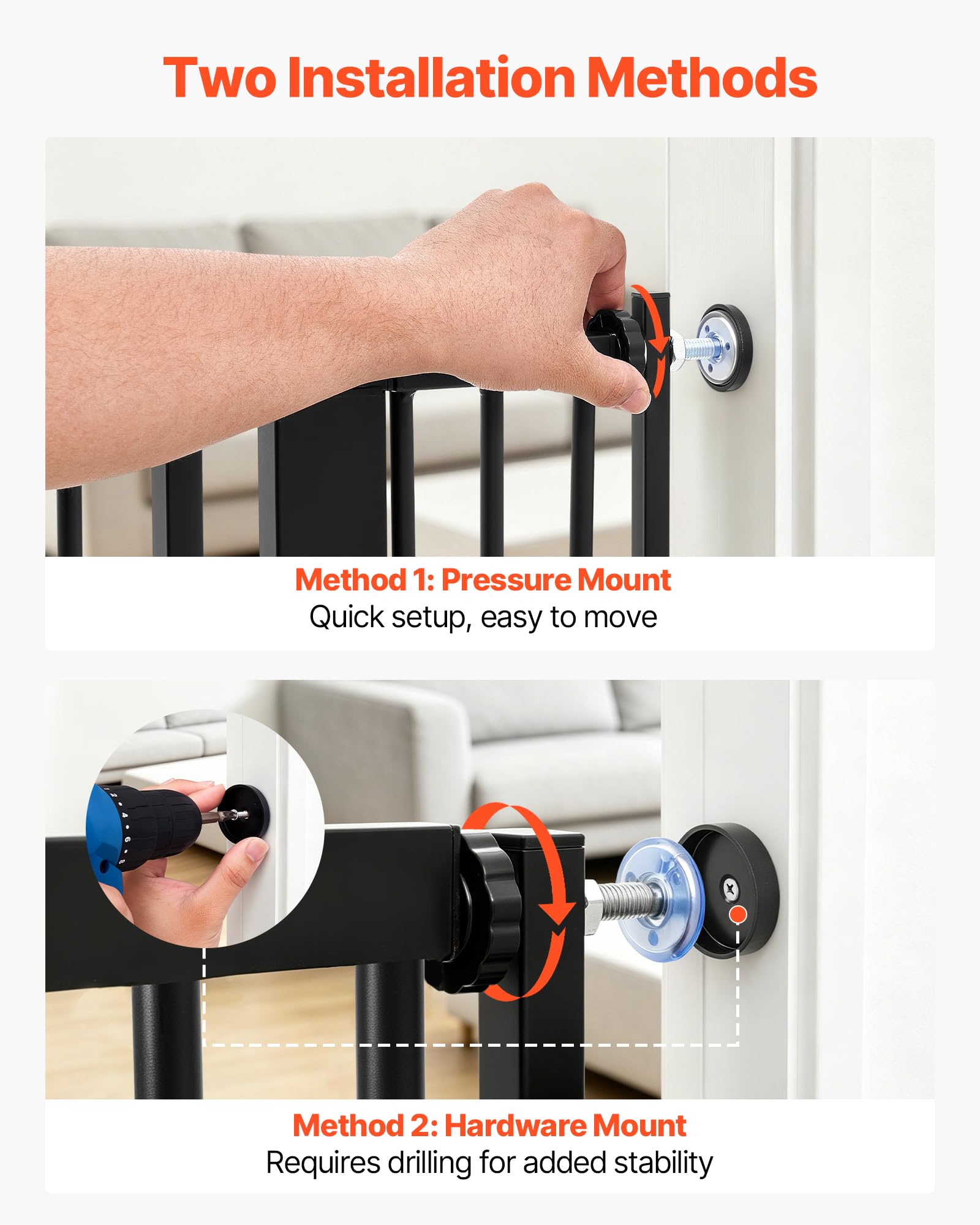 VEVOR Barrera de Seguridad para Niños, Ajustable de 740-1050 mm, Alto Extra de 1420 mm, Puerta de Seguridad para Perros y Gatos, con Kit de Montaje a Presión, para Dormitorio Hogar Salón, Negro