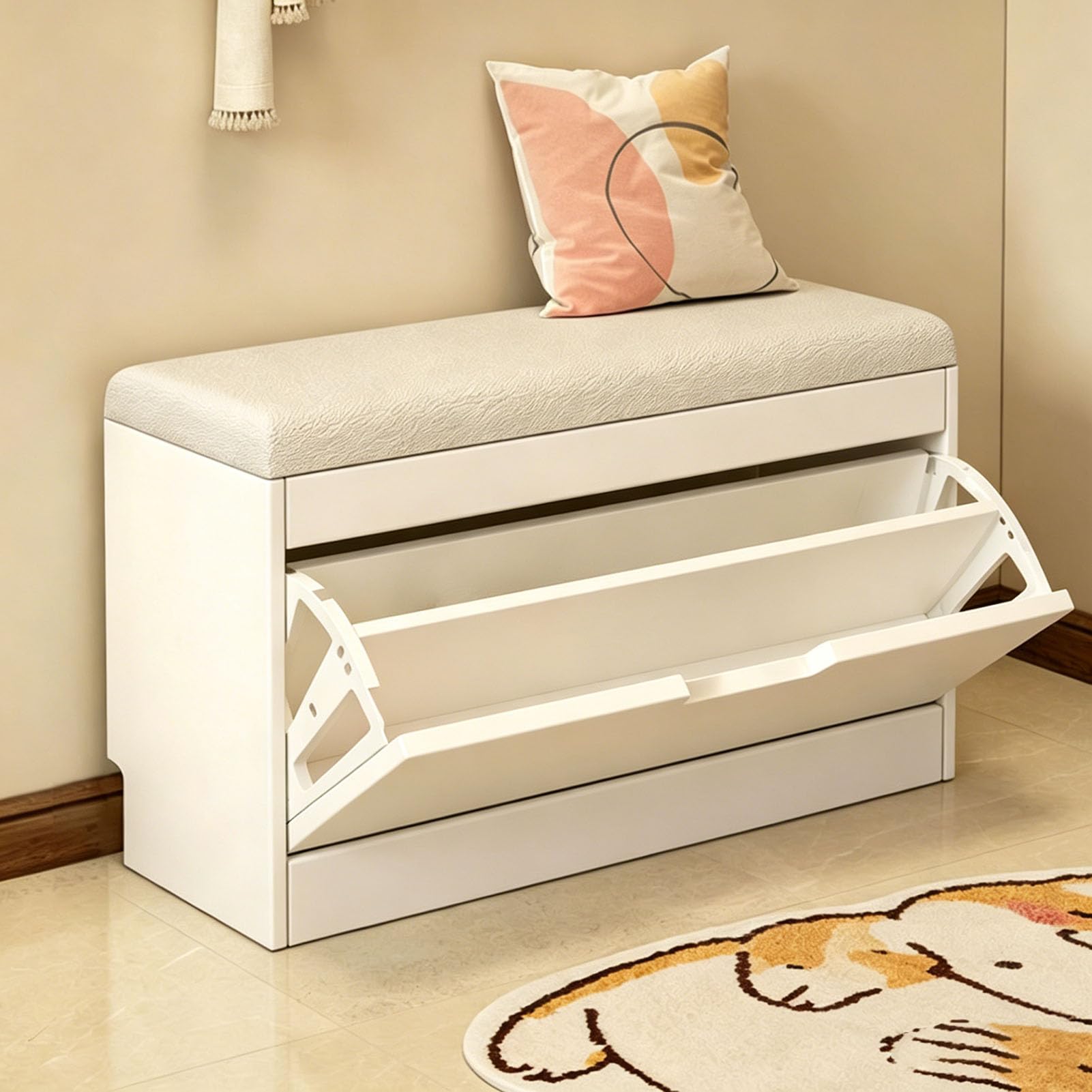 Banc de rangement chaussures en bois et meuble d'entrée moderne avec assise en cuir