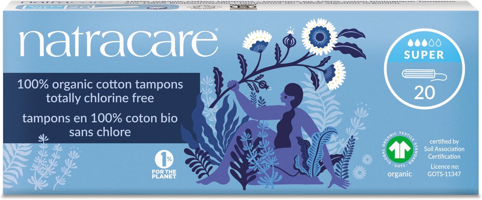 2000 Organic All Cotton Non-Applicator Tampons 20 Count, 3 Pack