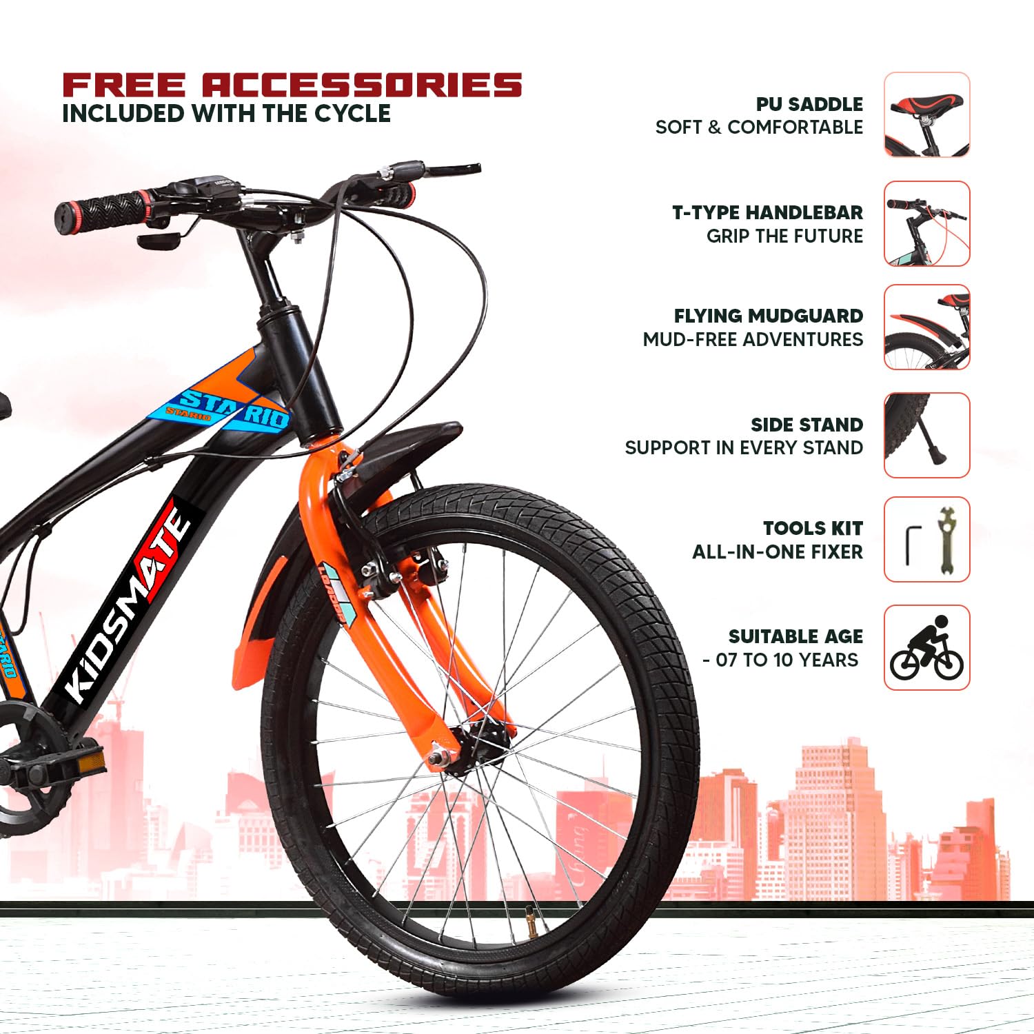 Kidsmate Stario Bike 20T 7 Speed Kids Cycle | Frame Size 12 Inch | Gear Bicycle for Boys & Girls of Ages 7 to 10 Yrs - Black/Orange — Amazon image 9