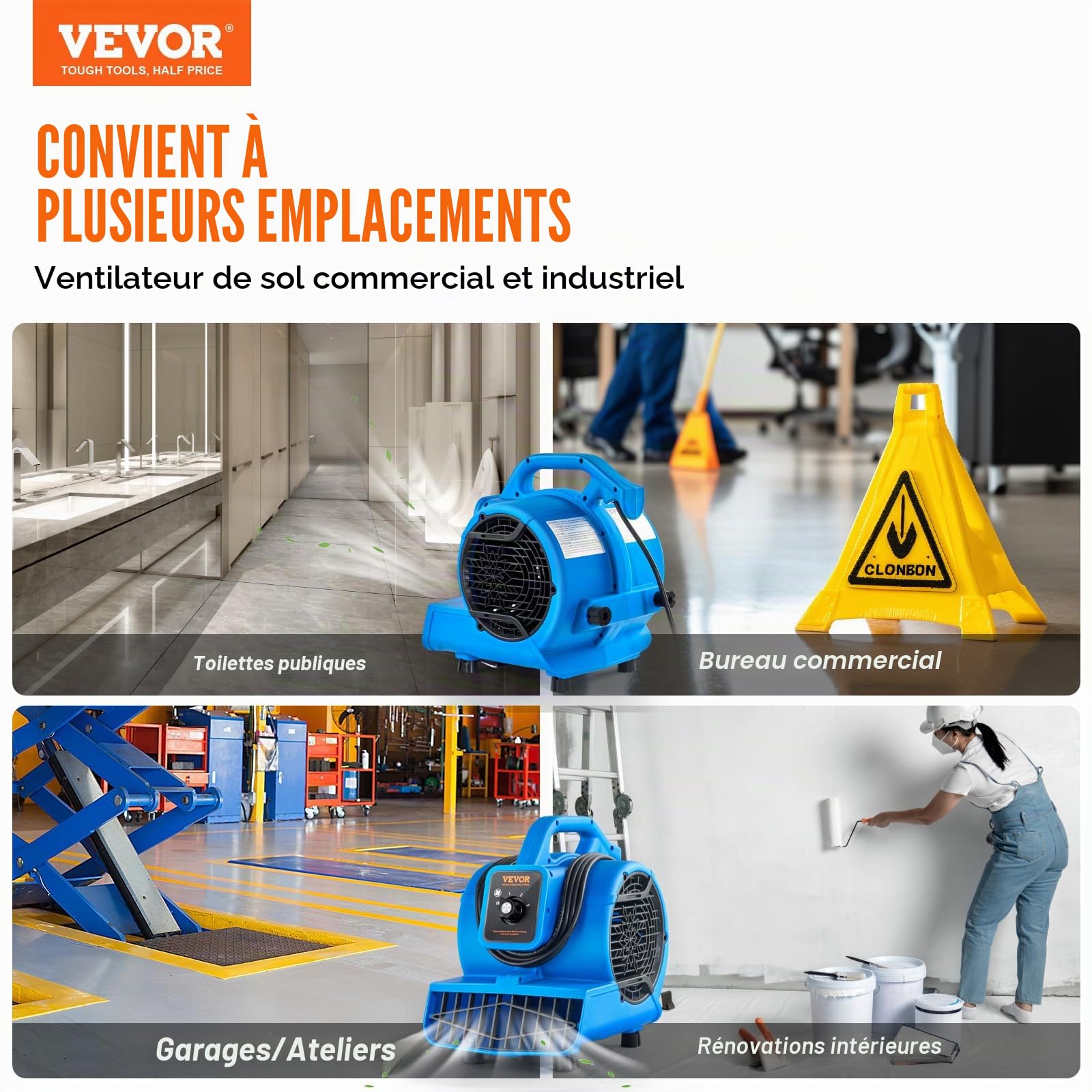 VEVOR Souffleur de Sol, 1360 TR/Min, Ventilateur de séchage Refroidissement, 17 m³/Min, sèche-Tapis Portable avec 4 Angles de soufflage, réglage à 3 Vitesses, pour Nettoyage, Maison, Usage Commercial