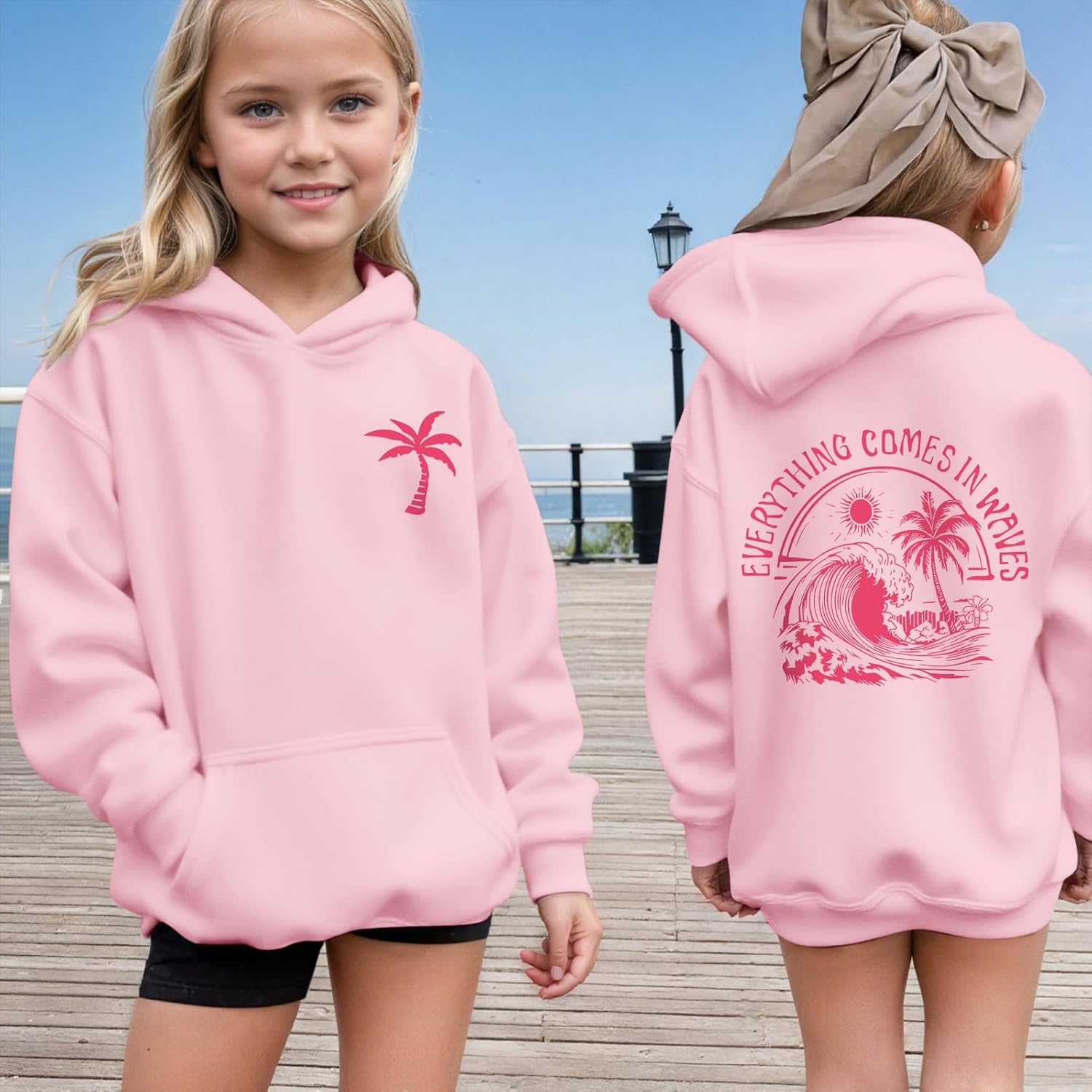 KIEKIECOO Girls Palm Graphic Hoodie Beach Cute Hoodies With Pocket Kids Preppy Sweatshirt Ocean Pullover Long Sleeve Top - Image 4