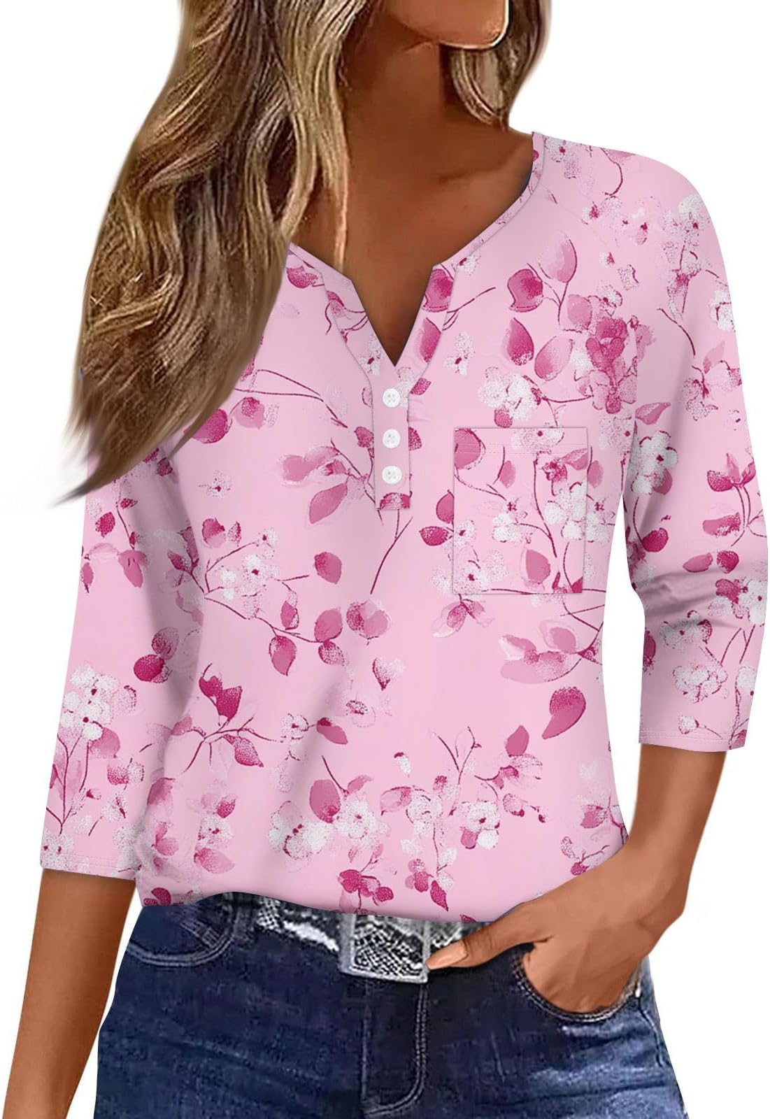 Summer Fall Shirts Plus Size Button Up Henley V Neck Blouses Comfort Floral Print Tops with Pocket T-Shirts Casual