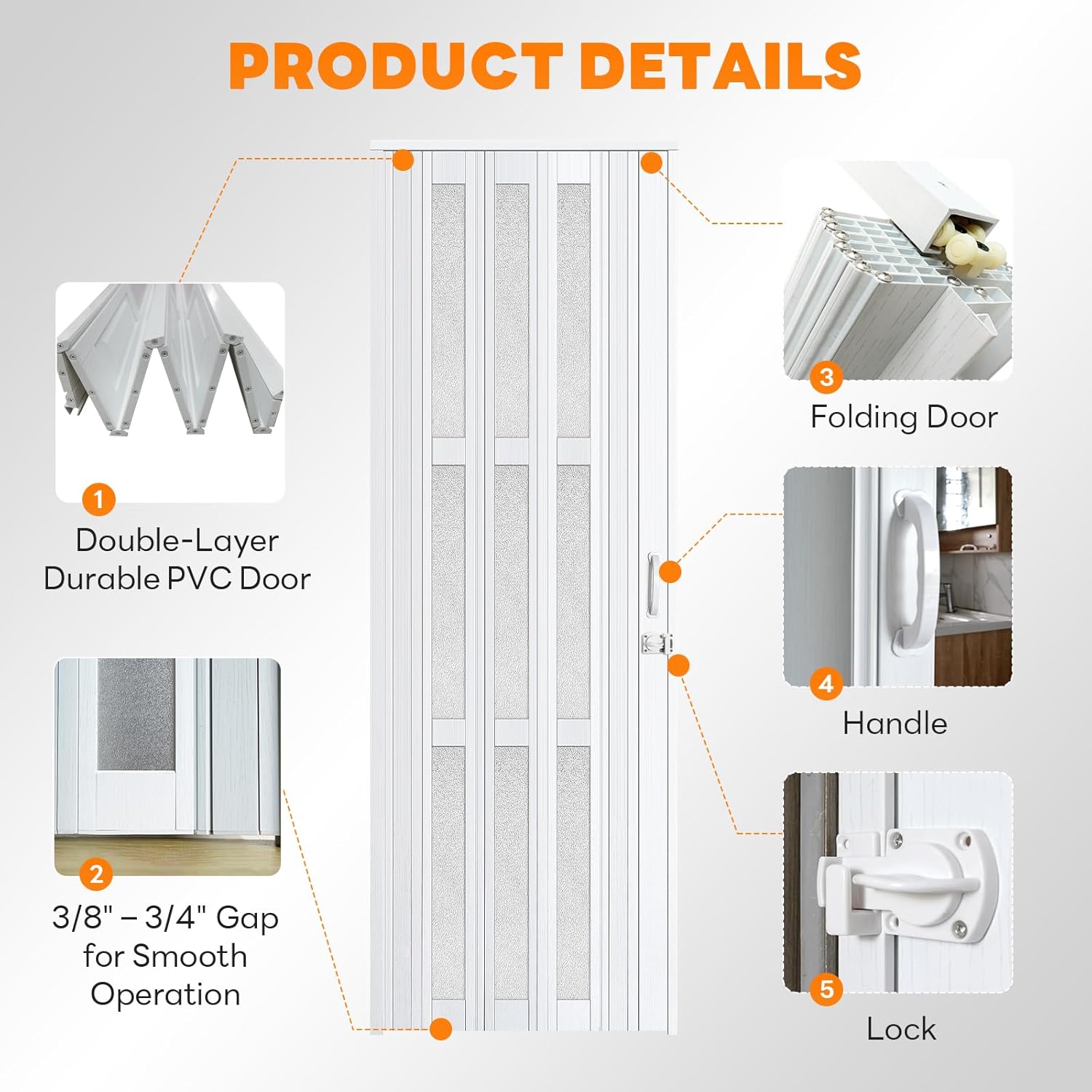 CCBOYSHARDWARE 72X80in Double Accordion Door with Frosted Acrylic Panels,PVC Folding Door with Lock & Handle, Space-Saving Bifold Door with Double Magnetic Closure for Closet & Pantry,Easy to Clean