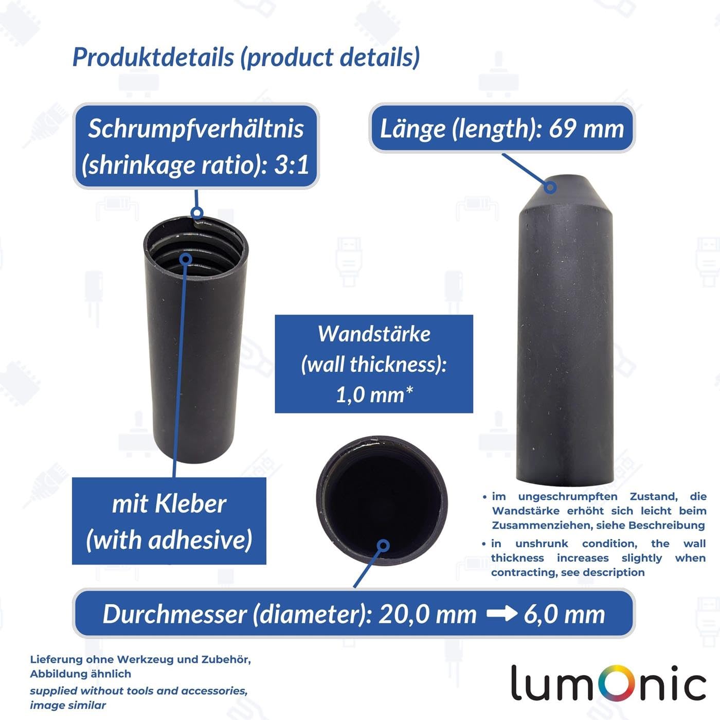 Gaines Thermorétractables Noires Avec Adhésif - 20mm → 6mm - Pour Isolation Câbles Électriques Et Étanchéité