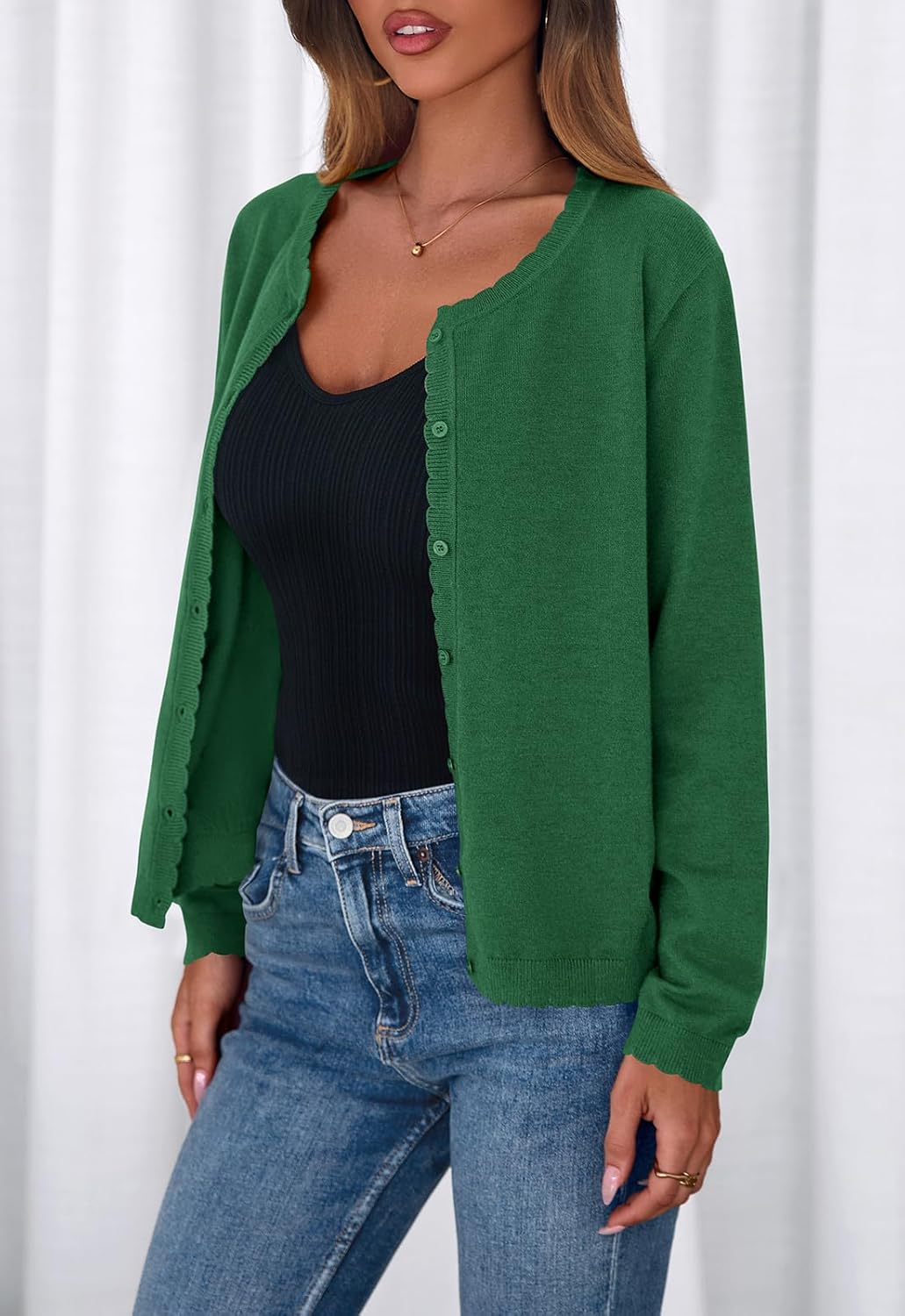 PRETTYGARDEN Long Sleeve Cardigan Sweaters for Women Lightweight Scalloped Ribbed Knit Sweater Women Spring Clothes 2026 - Image 3