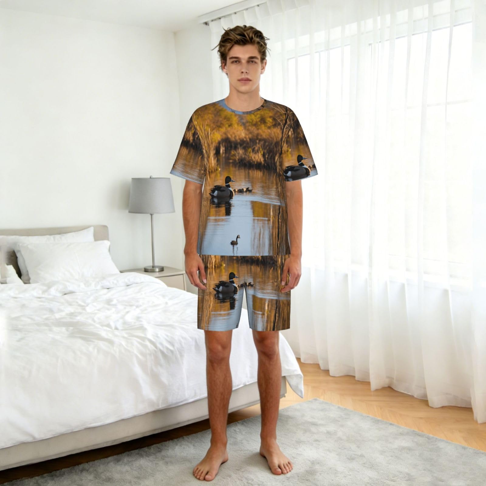 Loon Nature - Pigiama da uomo con stampa uccellini, comodo set pigiama da uomo con pantaloncini, perfetto per le notti estive