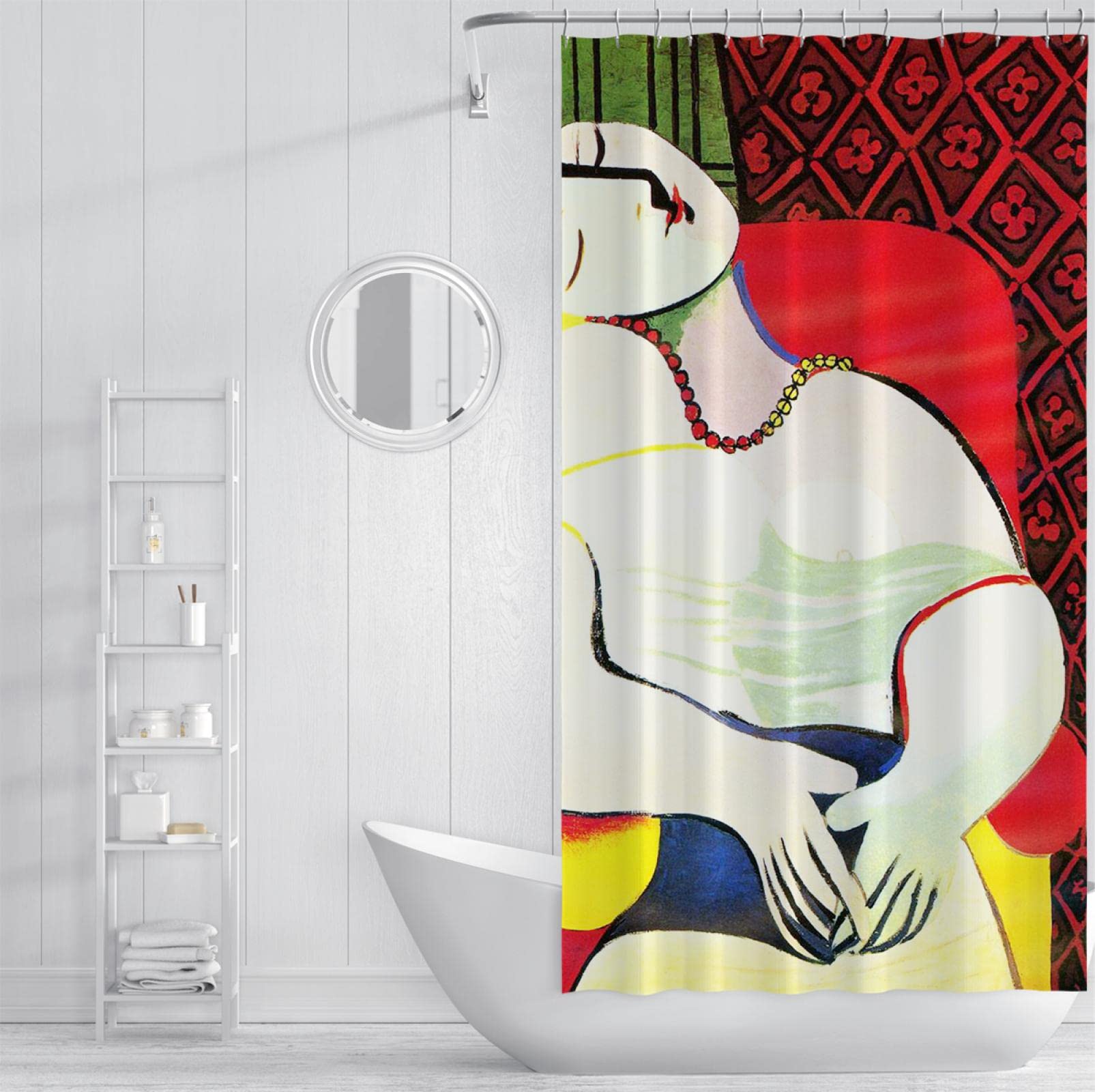 Femme Rideau de Douche Picasso Élégant Abstrait Coloré Rideaux de Salle de Bains Polyester Tissu Easy Care Rideau de Douche Set avec Crochets 180x240 cm