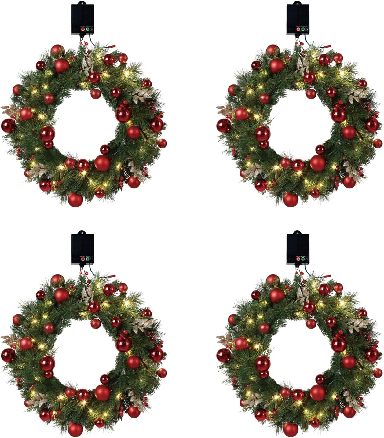 4-Pack Solar Christmas Wreath, 24 Inch Pre-Lit Christmas Door Wreath with Solar Powered LED Lights Green Pine Red Berry Glitter Branches Party Ornaments for Home Xmas Holiday Decor