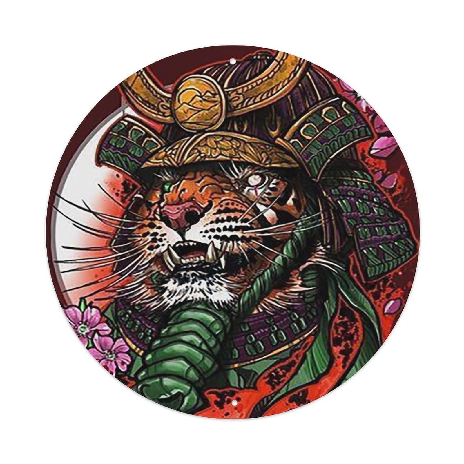Animal Artwork Tiger-headed Samurai Vintage Metal Tin Sign Plaque Wall Decor for Cafe, Club Bar, Office, Garden Metal Poster 8x8Inch
