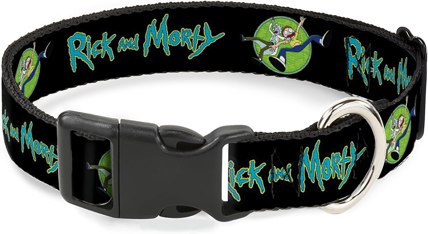 Rick and Morty Pet Collar, Dog Collar Plastic Buckle, Rick and Morty Title Logo and Portal Pose Black, 20 to 31 Inches 1.5 Inch Wide