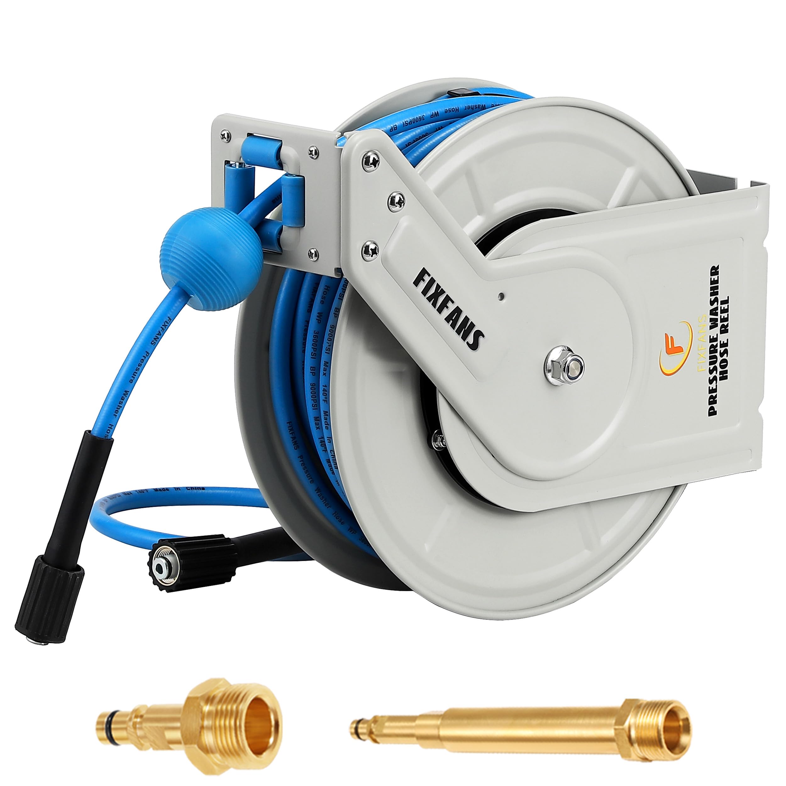 FIXFANS Retractable Pressure Washer Hose Reel with Hose, 1/4" × 18M