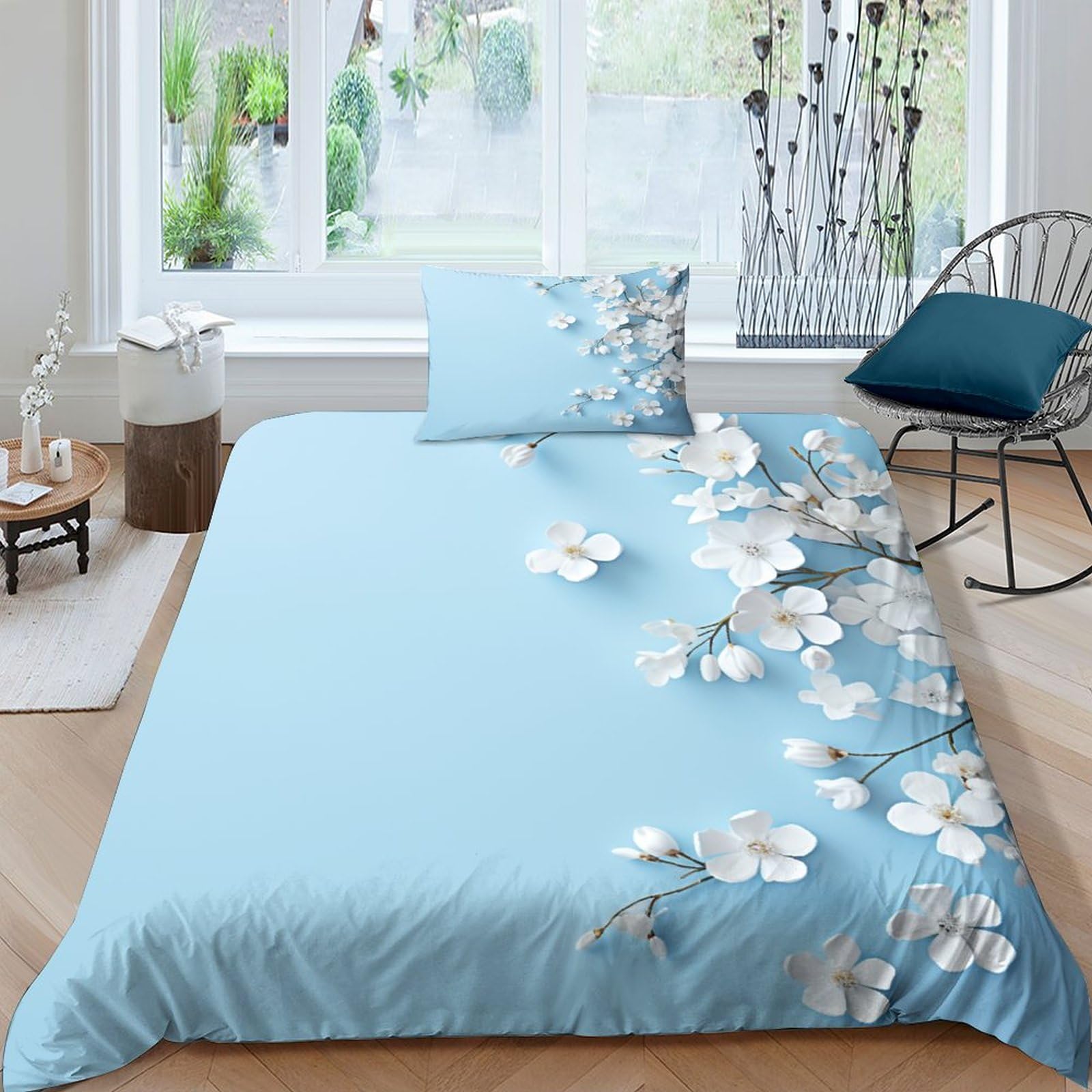 Housse de couette 135x200 de luxe imprimée 3D fleurs blanches