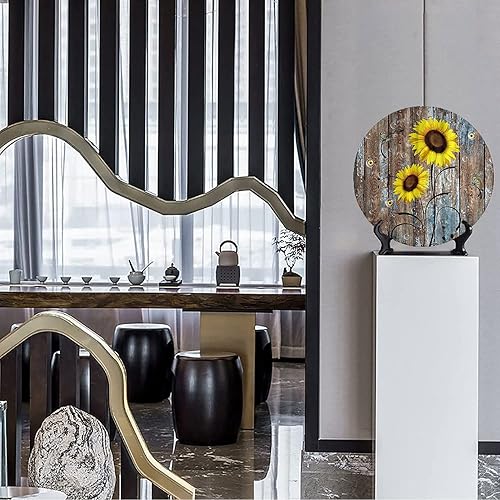 Miniatura 5 de ASDWX Platos decorativos de pared de girasol, 10 pulgadas, flores amarillas rústicas en puerta de granero marrón en casa de campo en otoño, plato