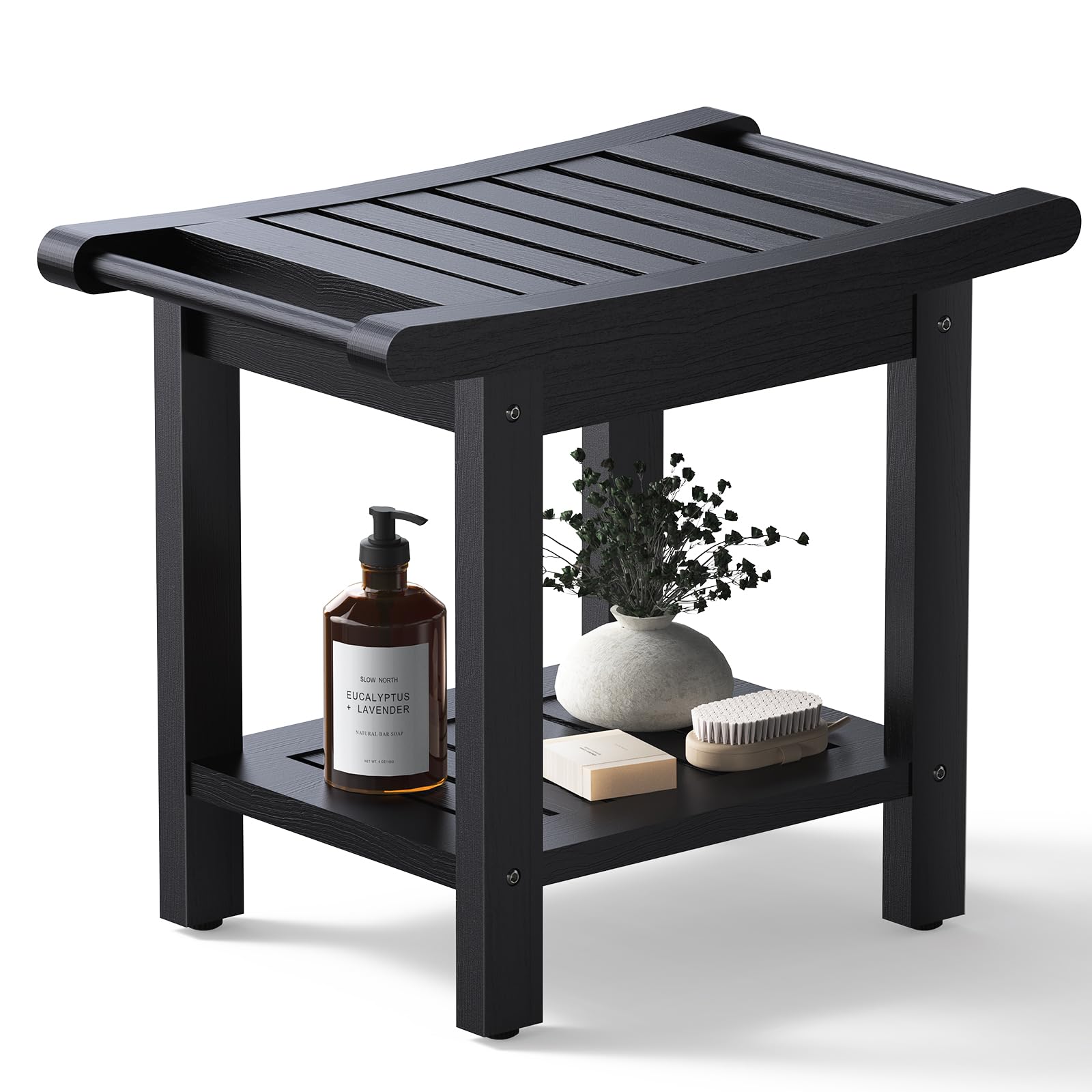22.8" Poly Lumber Shower Bench for Inside Shower with Handles, Black