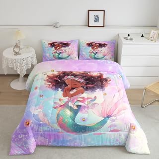 Black Girls Mermaid Comforter Set Twin Size,African Theme American Quilted Duvet,Kids Teens Boys Bedroom Decor,Dreamy Blue Purple Watercolor Ocean Bedding Comforter Diasy Floral Bedspread 2Pcs