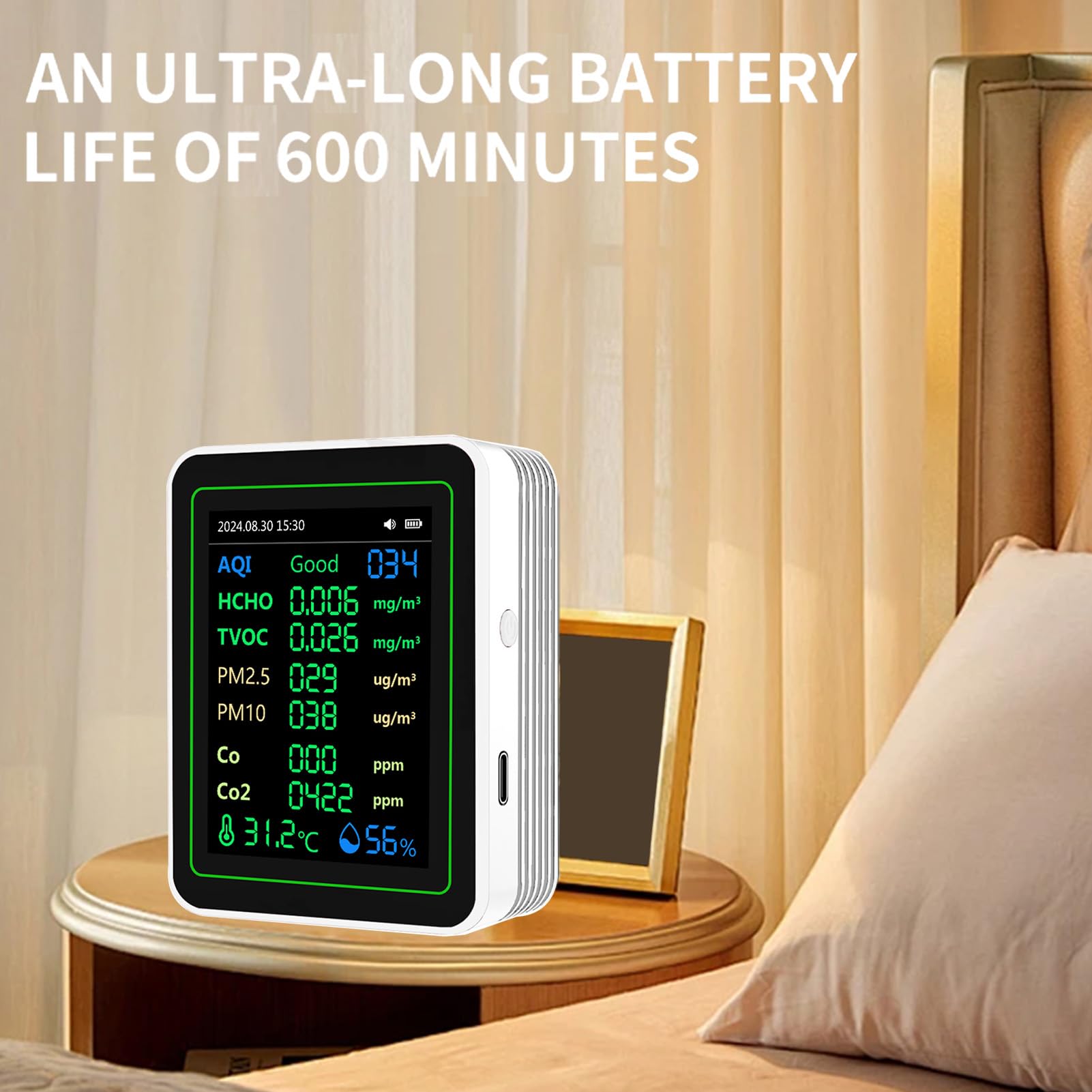 Jeffergarden Rilevatore di CO2 per Monitoraggio della qualità dell'aria con Rilevamento HCHO TVOC PM2.5 PM10 e Schermo TFT per Ufficio Domestico e Viaggi in Auto (WHITE)