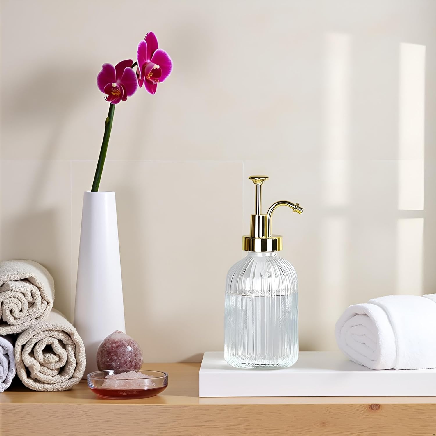 Glass Pump Soap Dispenser, 350ML Kitchen Hand Soap Dispenser Sour Cream Dispenser Rustproof Pump Dispenser for Kitchen Bathroom (Translucen Gold Bar) - Image 2