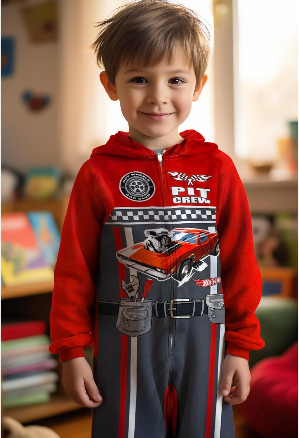 Hot Wheels Kids Onesie Pajamas - Boys Red Cars Long Sleeve Zip Up Hooded Blanket Sleeper One Piece Costume - Official License - Image 2
