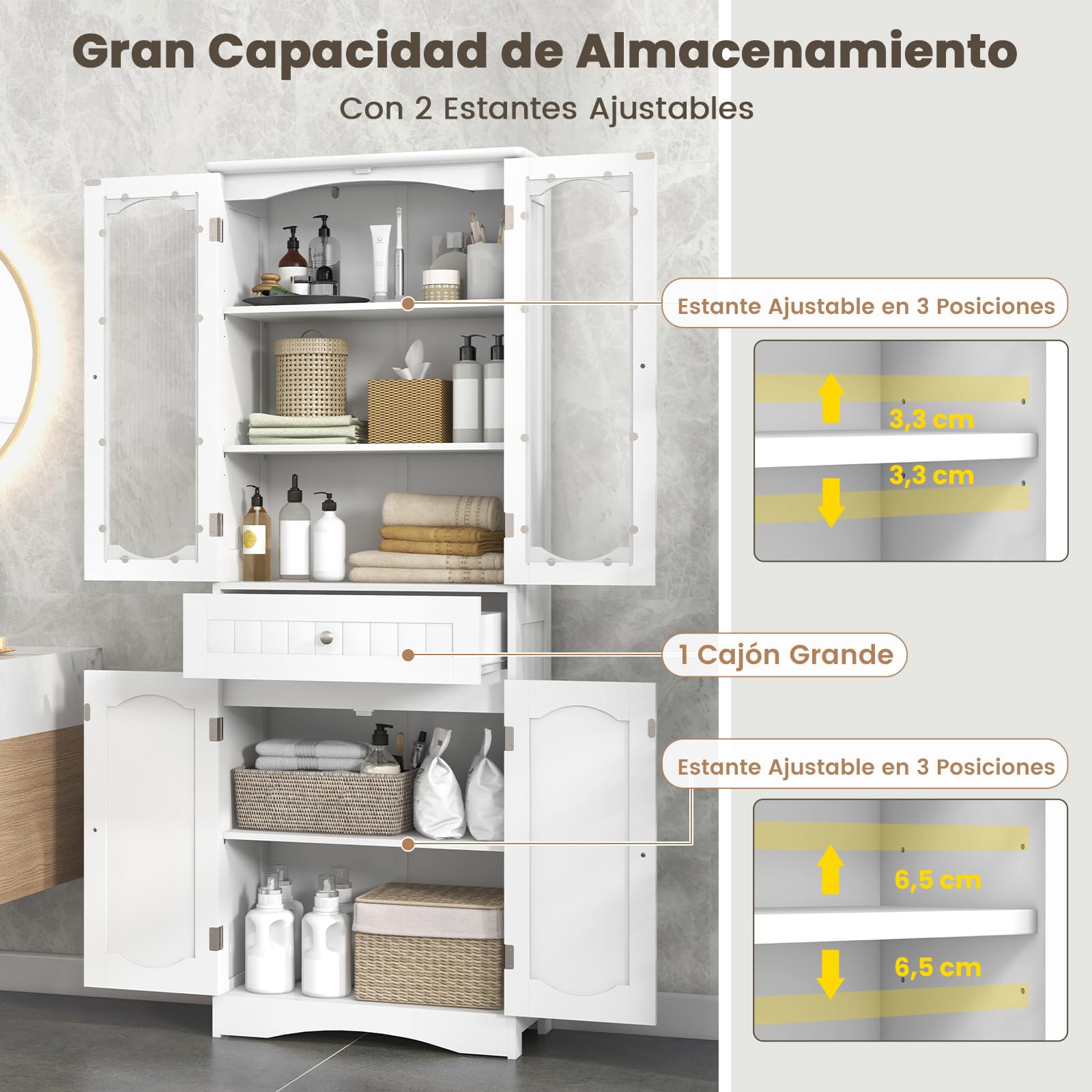 COSTWAY Armario Alto, Mueble Columna de Baño Independiente con 4 Puertas, Gabinete con 5 Estantes y 1 Cajón de Almacenamiento, Armario de Suelo para Cocina o Sala de Estar, Comedor, Oficina (Blanco)