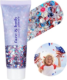 Go Ho Red White and Blue Body Glitter,Patriotic Pride Face Glitter Gel,4th of July Outfits for Women Reflective Glitters Makeup,Holographic Long Lasting Chunky Sequins,Fourth of July USA Accessories