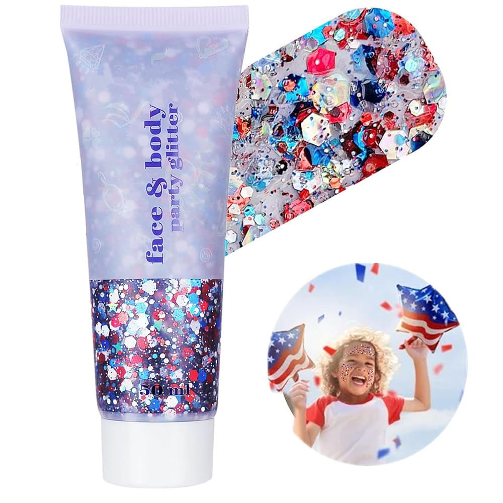 Go Ho Red White and Blue Body Glitter,Patriotic Pride Face Glitter Gel,4th of July Outfits for Women Reflective Glitters Makeup,Holographic Long Lasting Chunky Sequins,Fourth of July USA Accessories