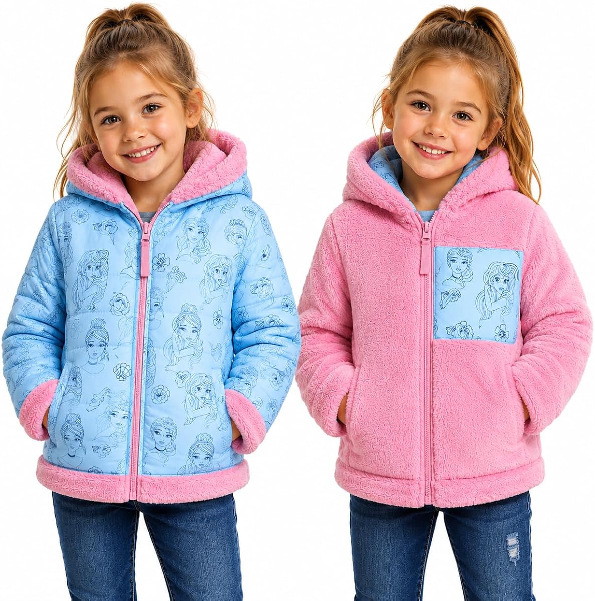 Chaqueta acolchada reversible para niñas de Disney Abrigo con capucha y forro de piel sintética | Licencia oficial de Minnie, Princess y Frozen: cálido, acogedor, reversible, interior de felpa suave, ideal para la escuela, el juego y el clima frío.