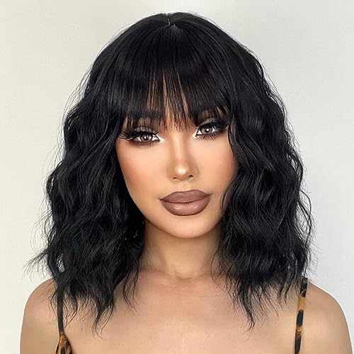 Miniatura 4 de LINGHANG Peluca corta negra con flequillo, pelucas cortas negras onduladas naturales para mujer, peluca negra ondulada con flequillo, pelucas