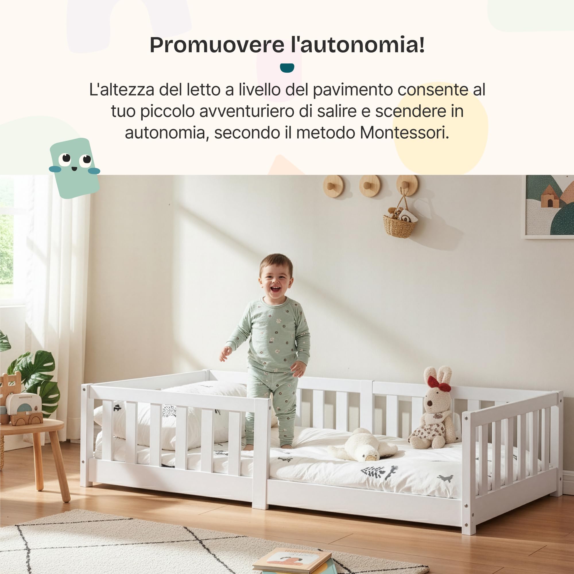[en.casa] Letto per Cameretta con Barriera Protezione Anticaduta Struttura Letto Singolo Montessori in Legno di Pino con Zona di Riposo 80 x 160 cm - Bianco