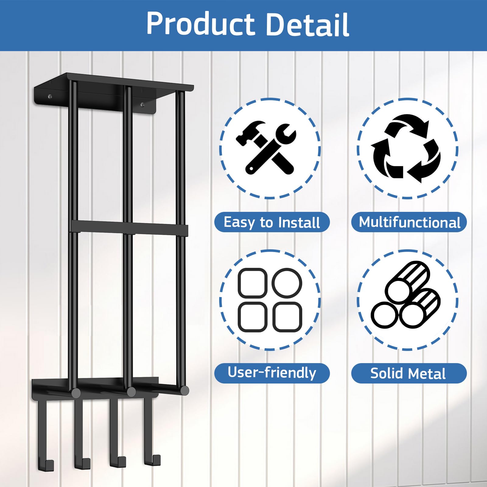 Garage Wall Storage for Camping Chairs, [Metal Rack] Garage Chair Storage Rack Wall Holder with Floating Shelf, 4 Hooks - Stainless Steel Organizer Utility Racks for Beach Chairs, Umbrellas