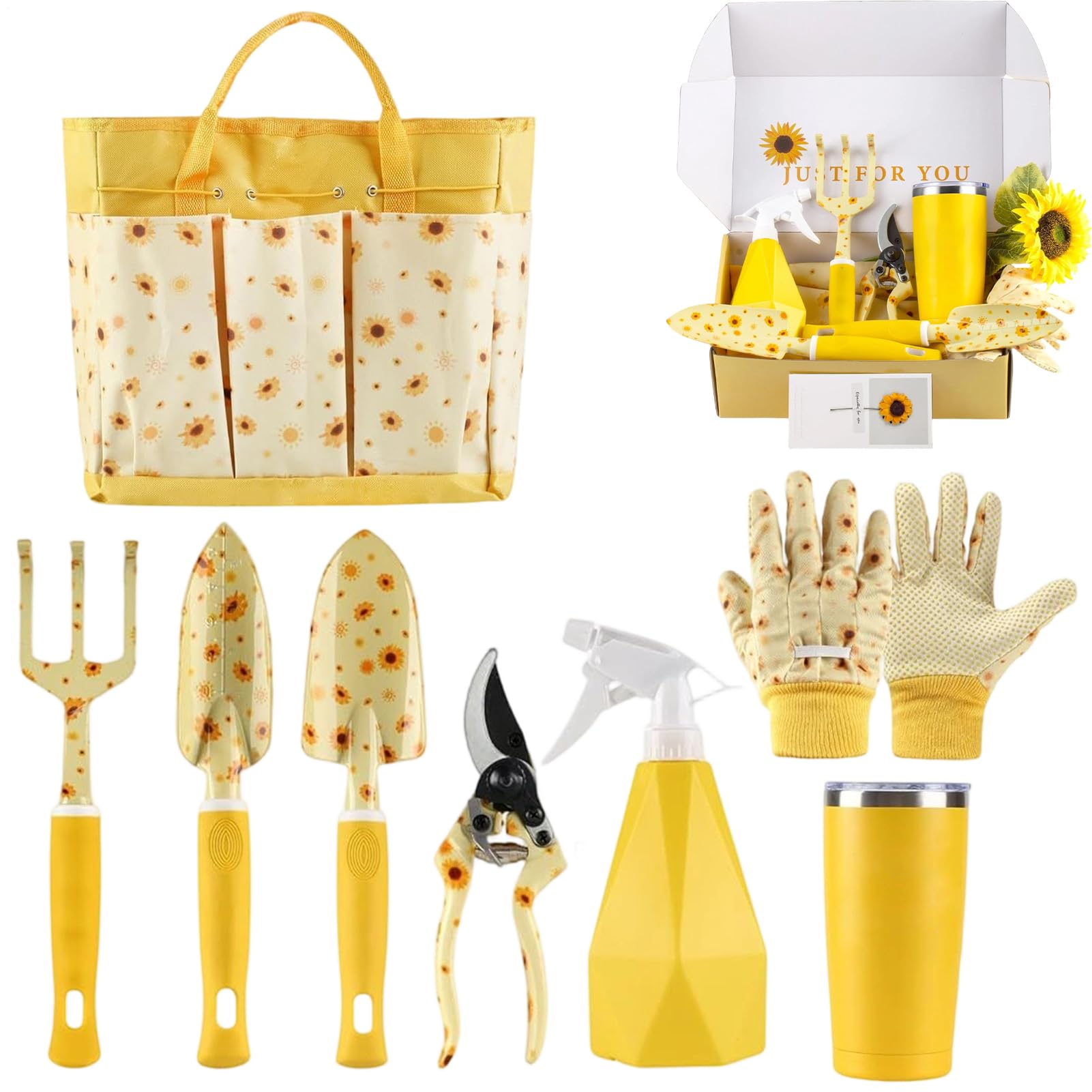 Attrezzi da Giardinaggio Manuali Robusti ed Ergonomici con Motivo Girasole | Kit con Rastrello Pala e Cesoie da Potatura Per Piantumare Diserbare Giardinieri Principianti Anziani e per Esterni