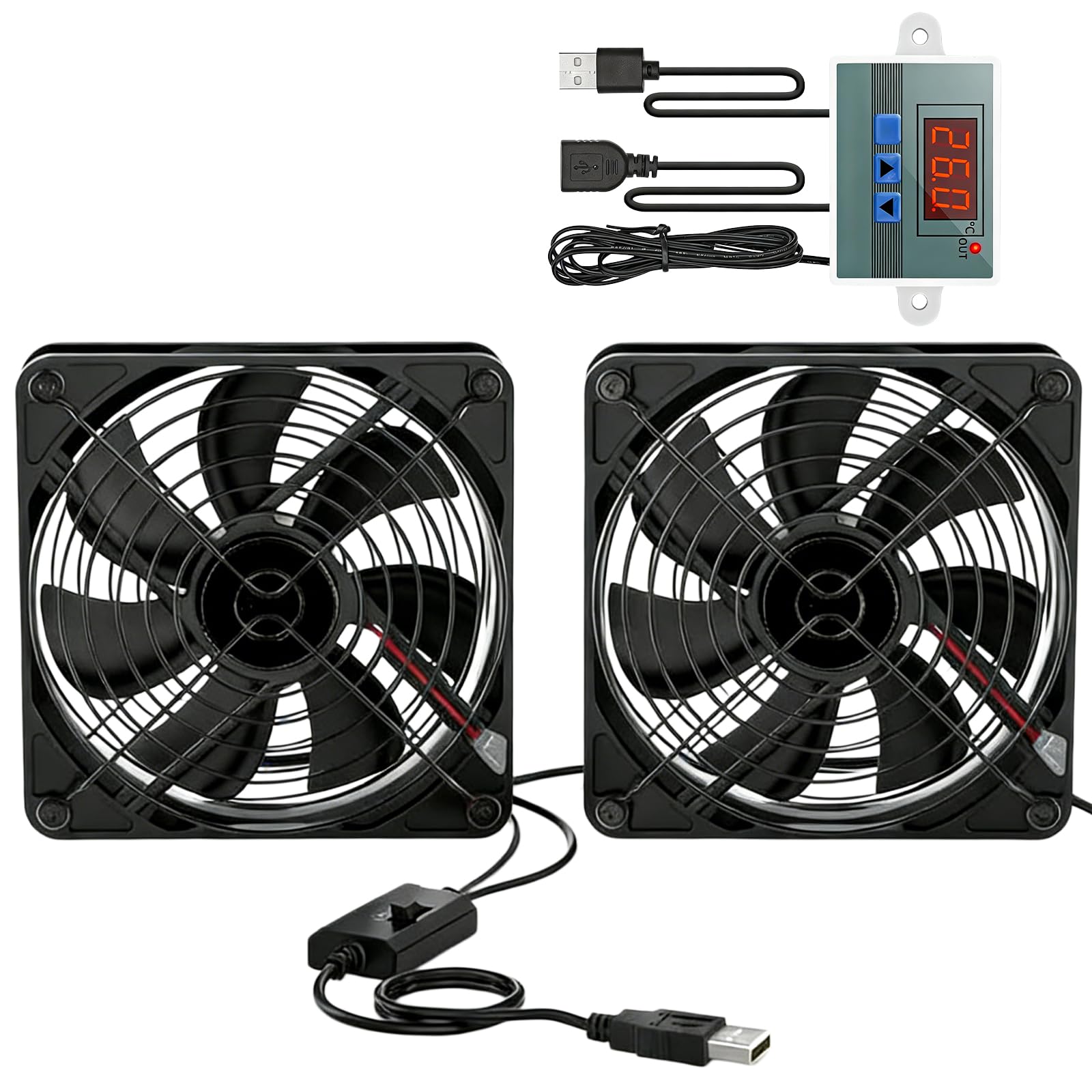 Lot de 2 ventilateurs USB, 120 mm, avec régulateur de température numérique, 5 V, 3 vitesses réglables, double roulement à billes, pour PS5/ordinateur portable/TV Box/AV, armoire, routeur