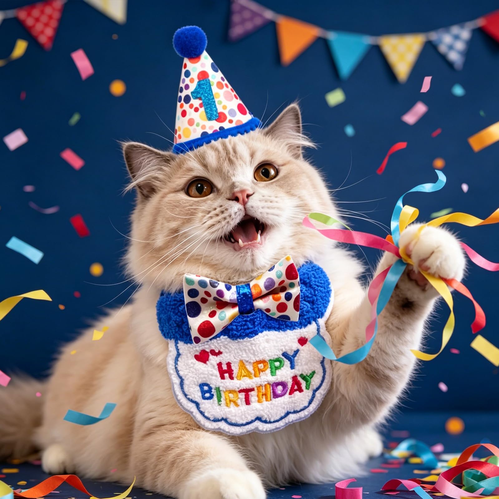 Lot de 4 chapeaux et bandanas pour chat - Tenue d'anniversaire réglable avec nœud papillon - Décorations de fête d'anniversaire pour animaux domestiques - Fournitures de décoration de fête