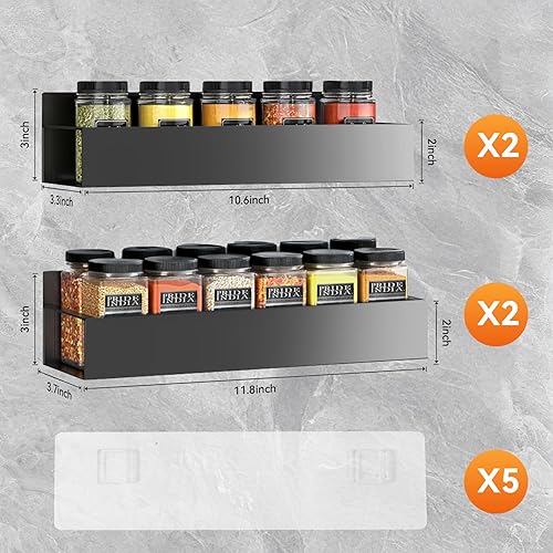 Miniatura 6 de Estante para especias de montaje en pared 4 paquetes de almacenamiento y organización de despensa de gran tamaño sin taladrar  11.8 pulgadas negro