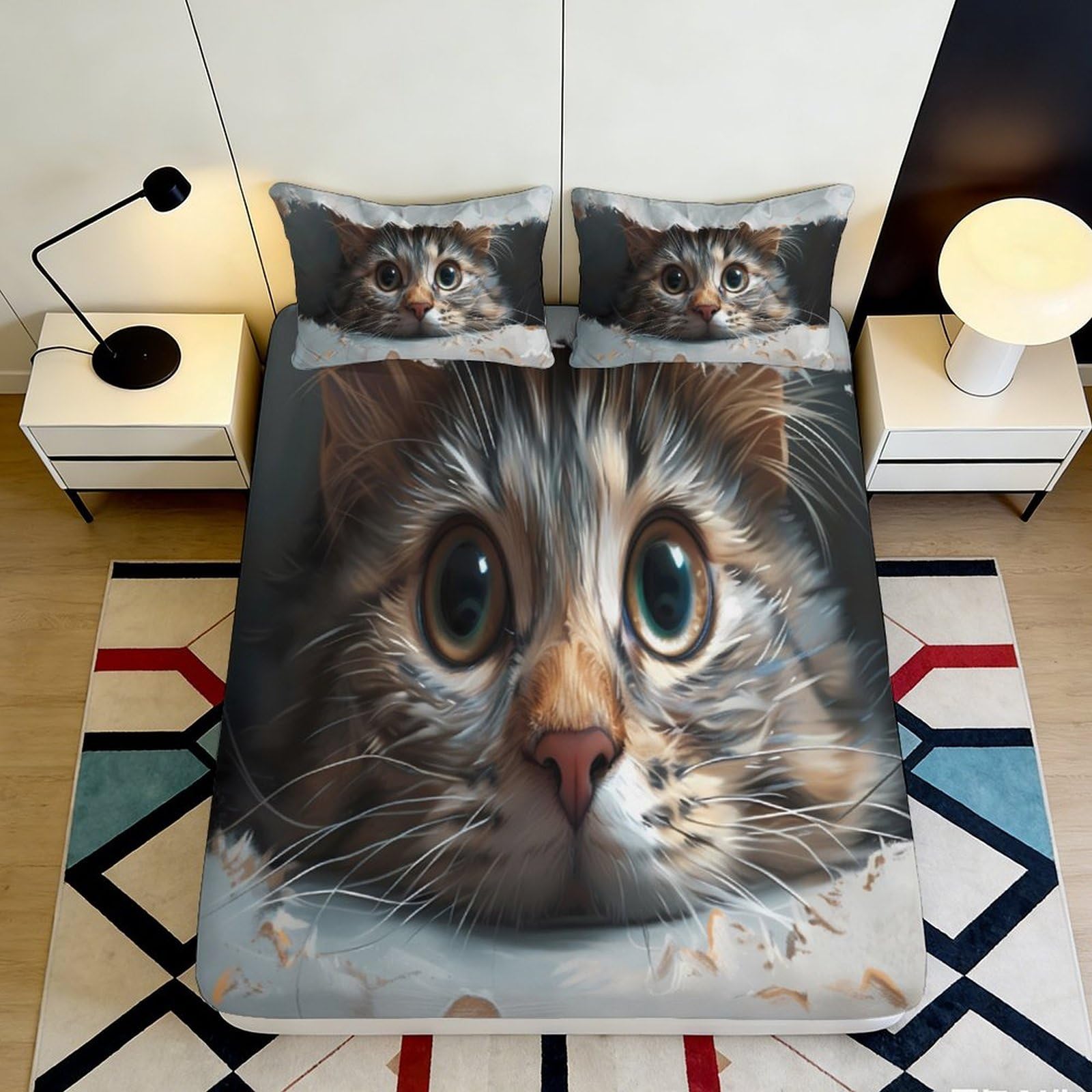 3D Printed Big Eyed Cat Fitted Sheet Microfiber Soft Breathable Cute Cat Bed Cover for Bedroom Dorm Decor 90x200x25cm