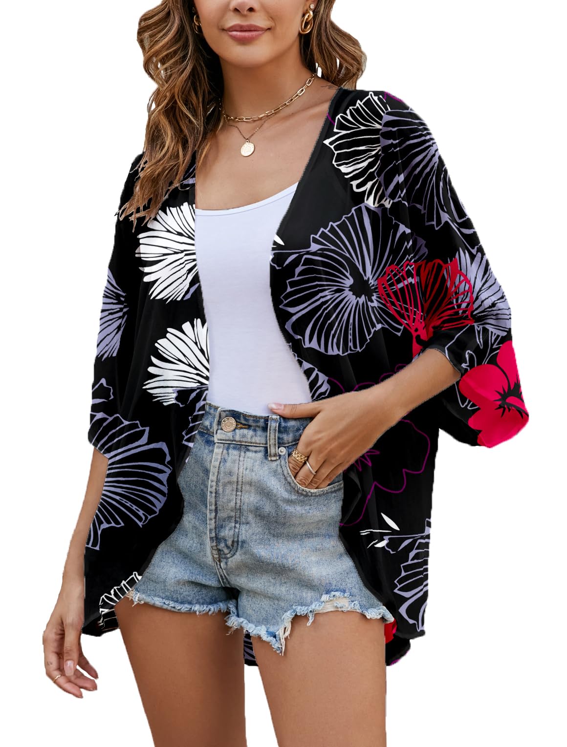 Heynino Women's Chiffon Kimono Coat Lightweight Cardigan Blouse Tops Shawl Capes White S