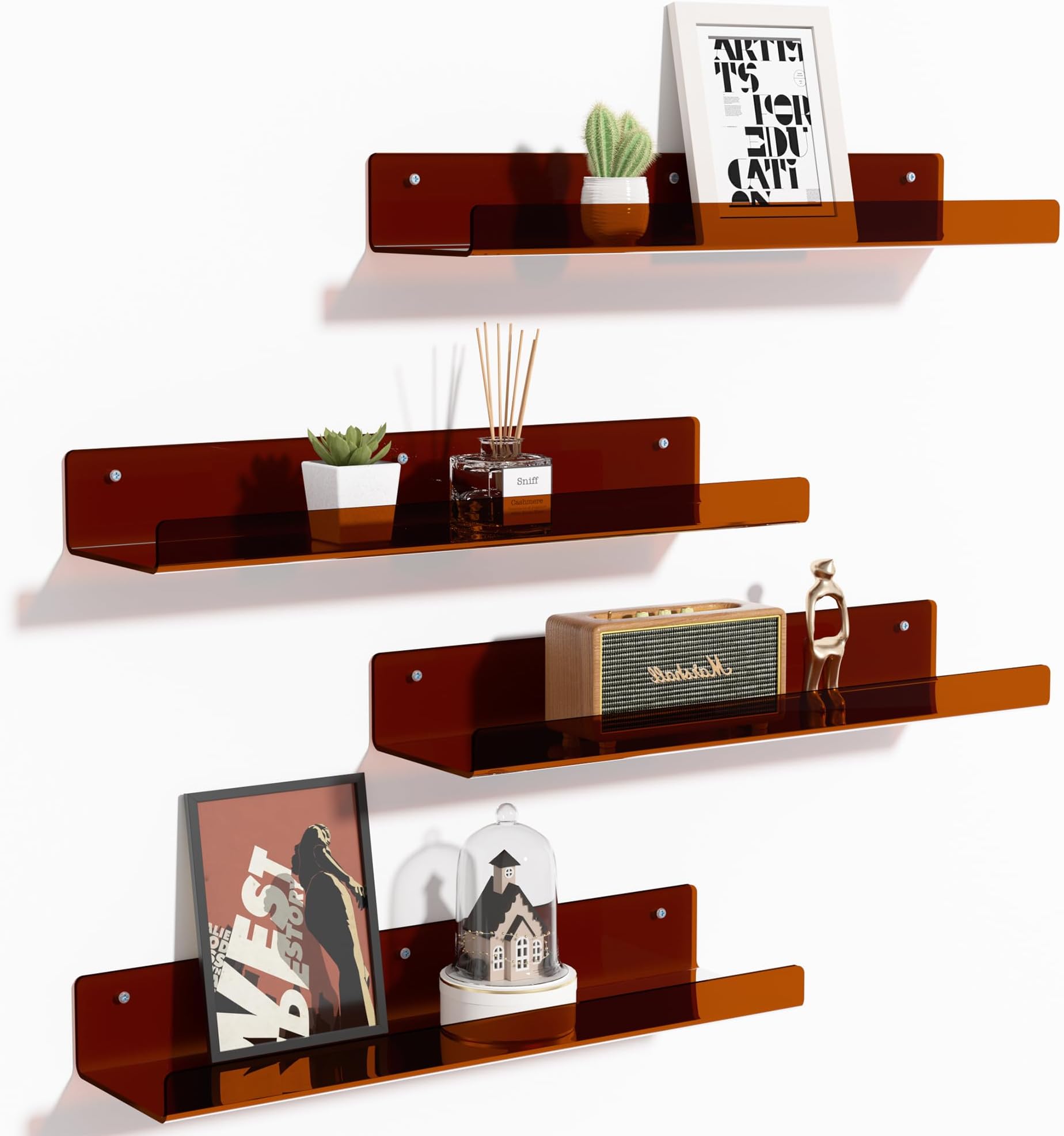 upsimples 4 Pack Acrylic Shelves for Wall Storage, 15" Floating Bookshelves for Kids, Display Shelf Organizer for Bathroom, Bedroom, Living Room, Kitchen, Room Decor, Clear Brown